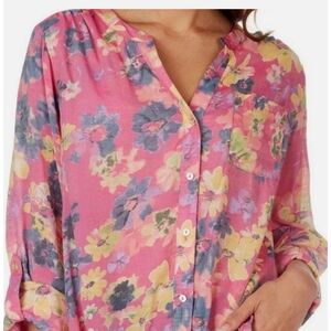 Zac & Rachel V-neck Button Down Floral Blouse Pink Size XLP